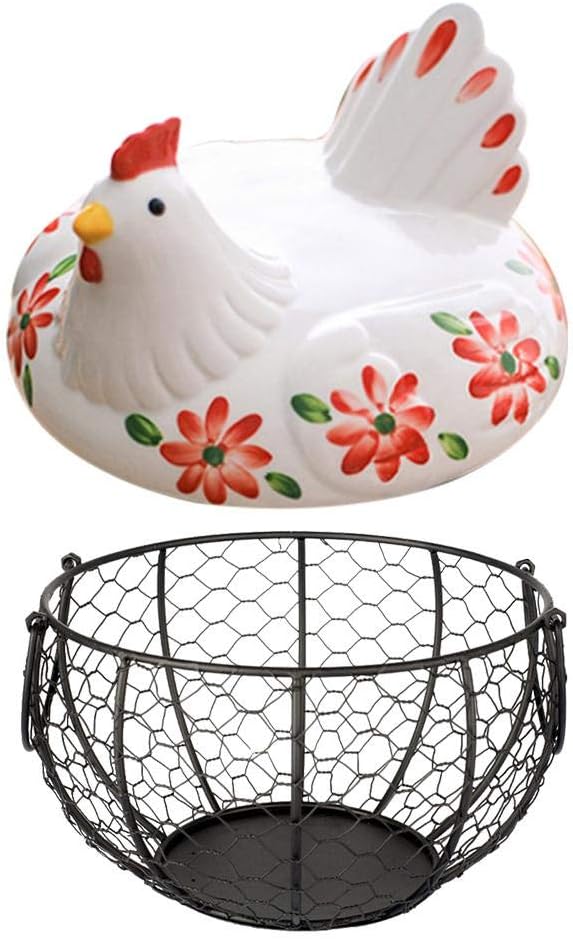 Household Creative Egg Storage Basket Metal Mesh Wire Vegetables Storage Basket With White Ceramic Farm Chicken Top Handles For Storage Eggs Fruit Vegetable