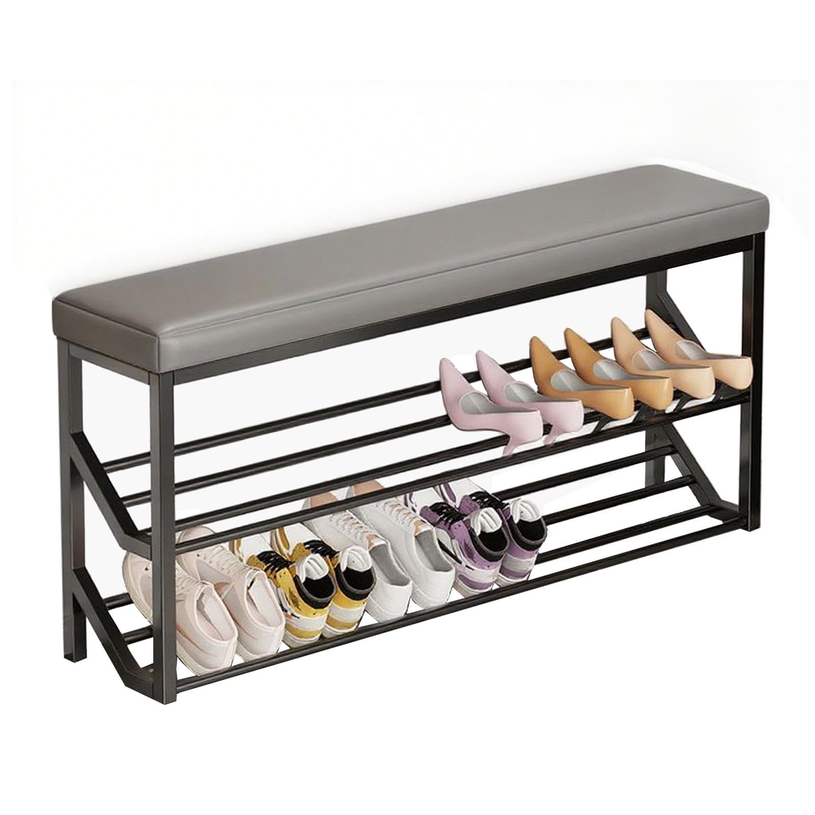LWJSOCP Narrow Shoe Changing Stool - 2-Tier Storage Rack with PU Leather Cushion Metal e Design - Stylish Hallway & Living Room nizer (Grey & Black 100x20cm)