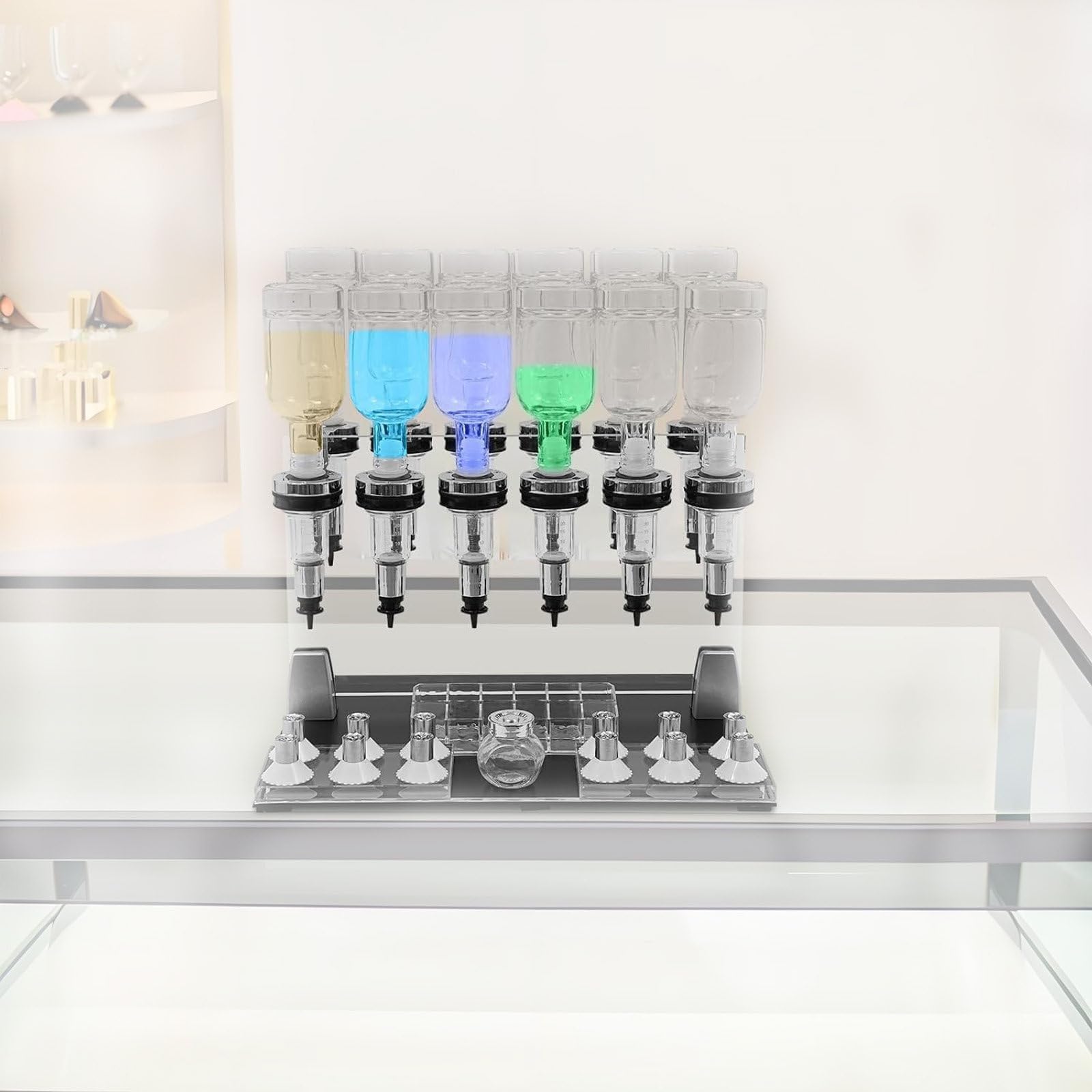 XueFulxion Heavy-duty commercial liquid rack with firm brackets to stop bottle sliding. Precise dosing control effectively reduces liquid waste,for perfume 12heads
