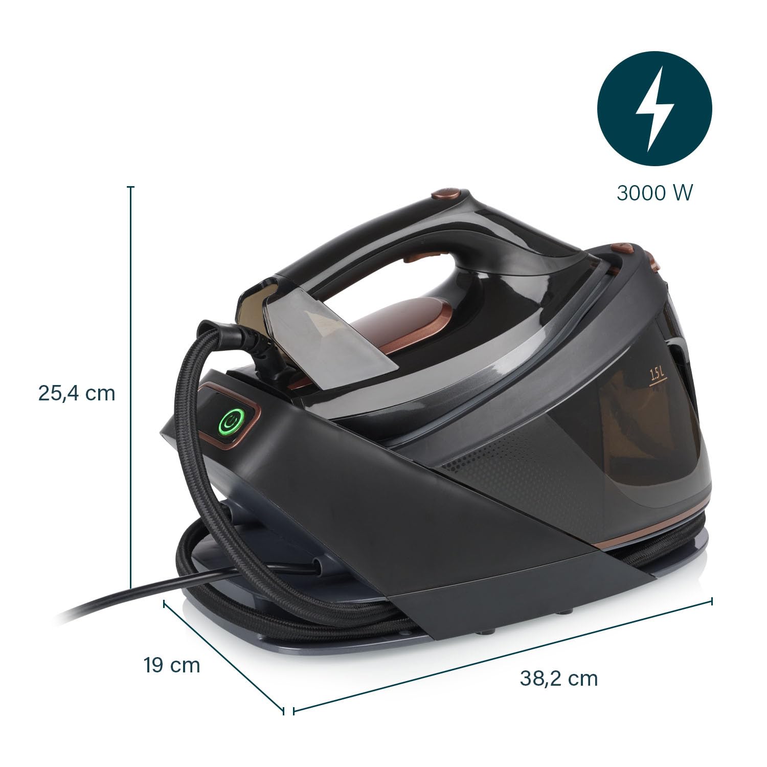 Princess Centrale Vapeur, 3000 W, Jusqu’à 7,5 bar, Réservoir 1,5 l, Semelle Céramique, 70 g/min Vapeur, 250 g/min Boost, Anti-calcaire, Arrêt Automatique, 323091
