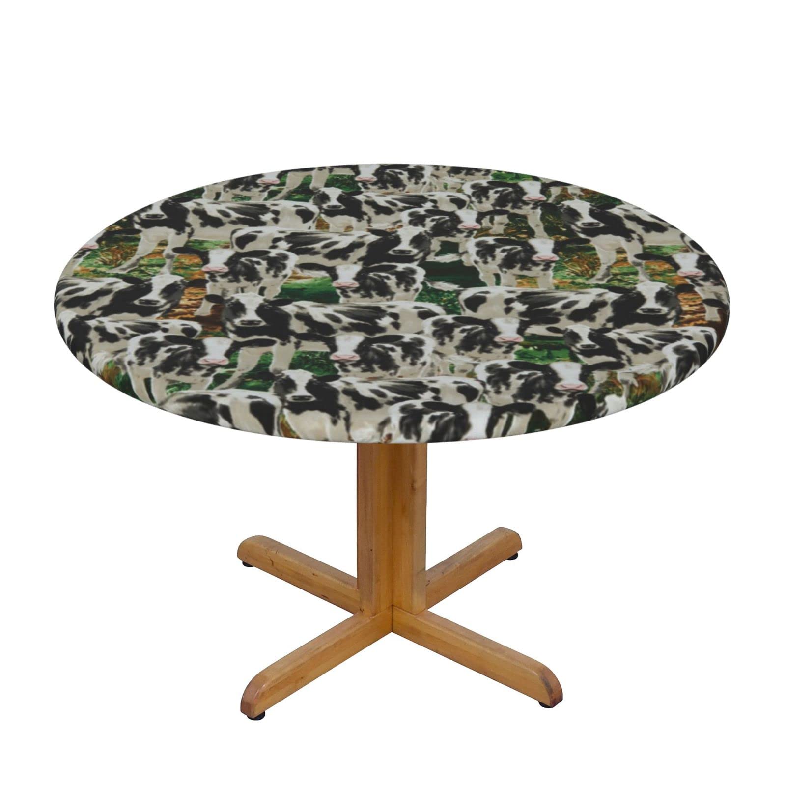 Lsjuee Round Fitted Tablecloth 45-50in Elastic Edged Table Cloth for Kitchen Dining Party Home Decor - Farm Cows Ranch