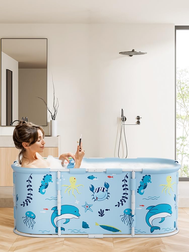 Snabcibs Ocean Pattern Portable Foldable Bathtub For Adults, Soaking Bathtub 115X60x50cm, Freeingstanding Bathtub,One-Click Folding Stable Bath Tub With For Hot Shower And Ice Bath, Small Bathroom 1 Set
