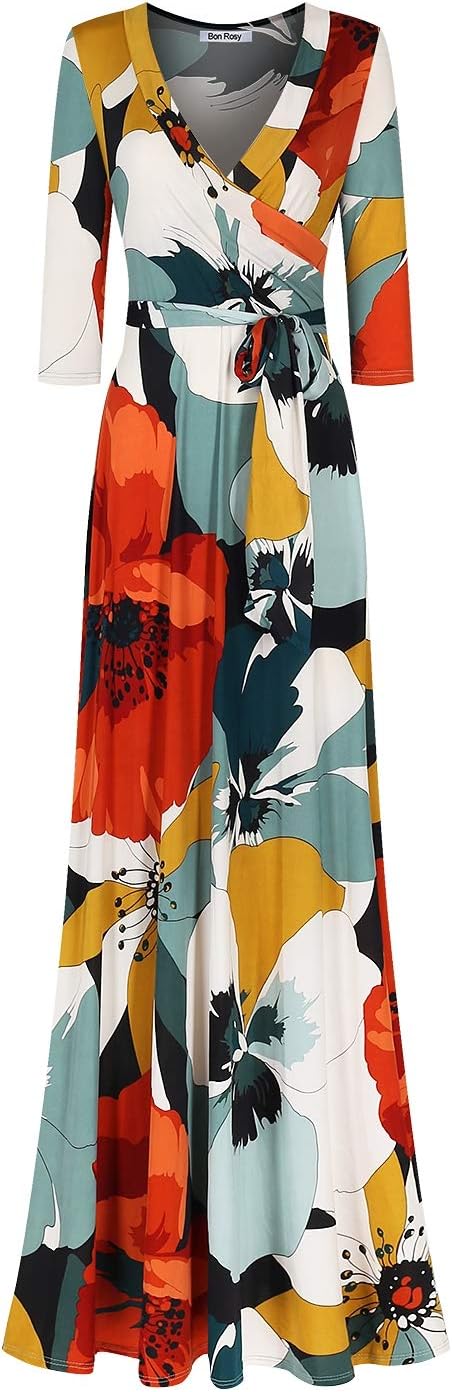 Women's 3/4 Sleeve V-Neck Printed Maxi Faux Wrap Floral Dress Orange Green M