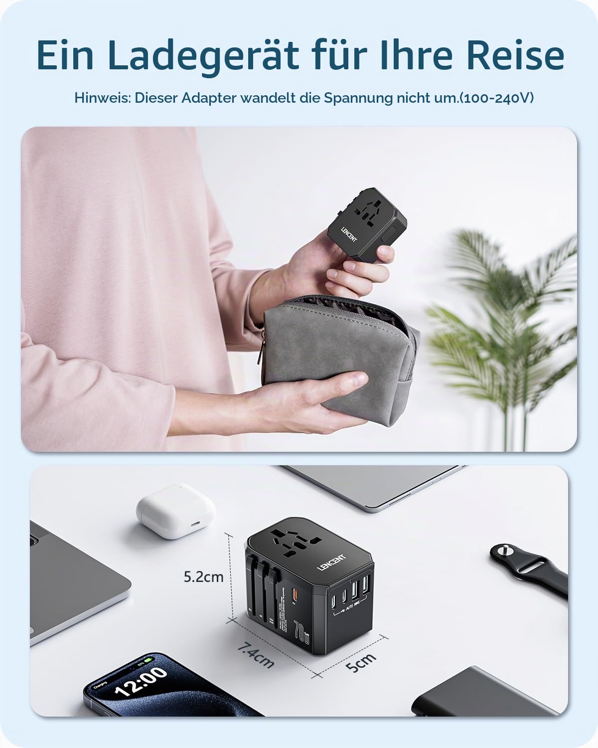 LENCENT 70W Reiseadapter Weltweit, Universal Reisestecker Weltreise Adapter