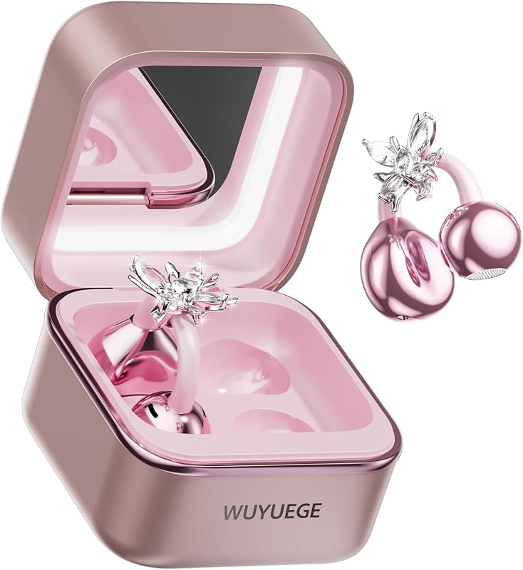 WUYUEGE Clip On Earbuds with Detachable Butterfly Earrings & LED Makeup Mirror Case, Wireless Earbuds Bluetooth 6.0, Air Conduction Headphones, Lightweight for Travel Work Daily Use,Great Gift Choice