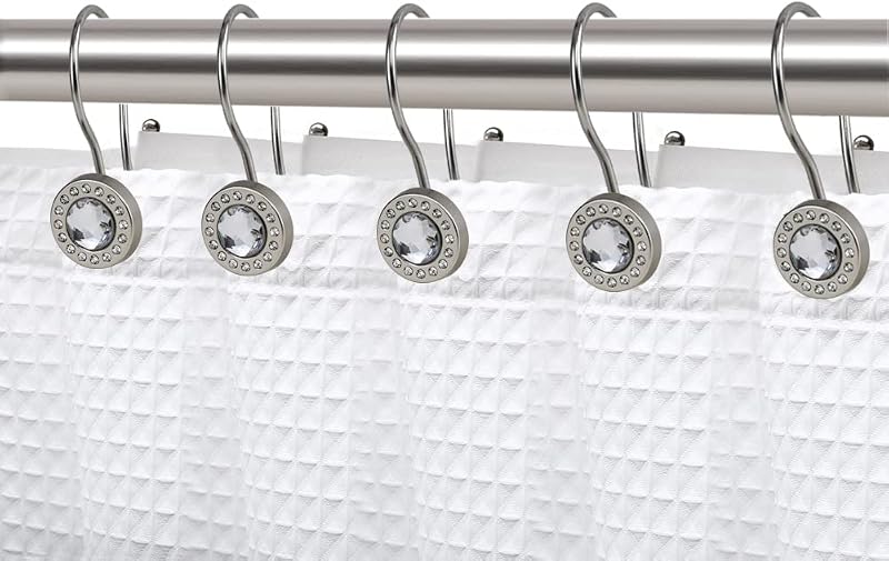 HK21XX Ganchos de ducha – Anillos dobles para cortina de ducha para baño – Ganchos resistentes a la corrosión para cortina de ducha o forro – Anillos de cortina de ducha con diseño de cristal – Juego de 12