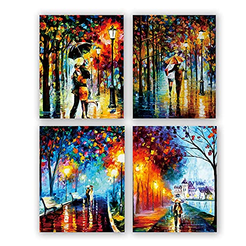 Abstract Oil Painting Art printing - romantic canvas wall art - Canvas Art Oil Paintings Printed - Abstract Contemporary Artwork Romantic Couples Rainy Night Walk Paintings living Room Bedroom Dinning Room Wall Decor,Set of 4 (8"X 10", No Frame