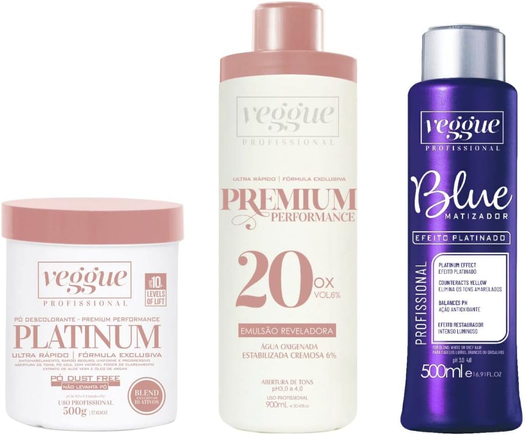 Kit Pó descolorante Azul Premium, Água Oxigenada 20 Volumes e Matizador Blue Platinado, Veggue Profissional