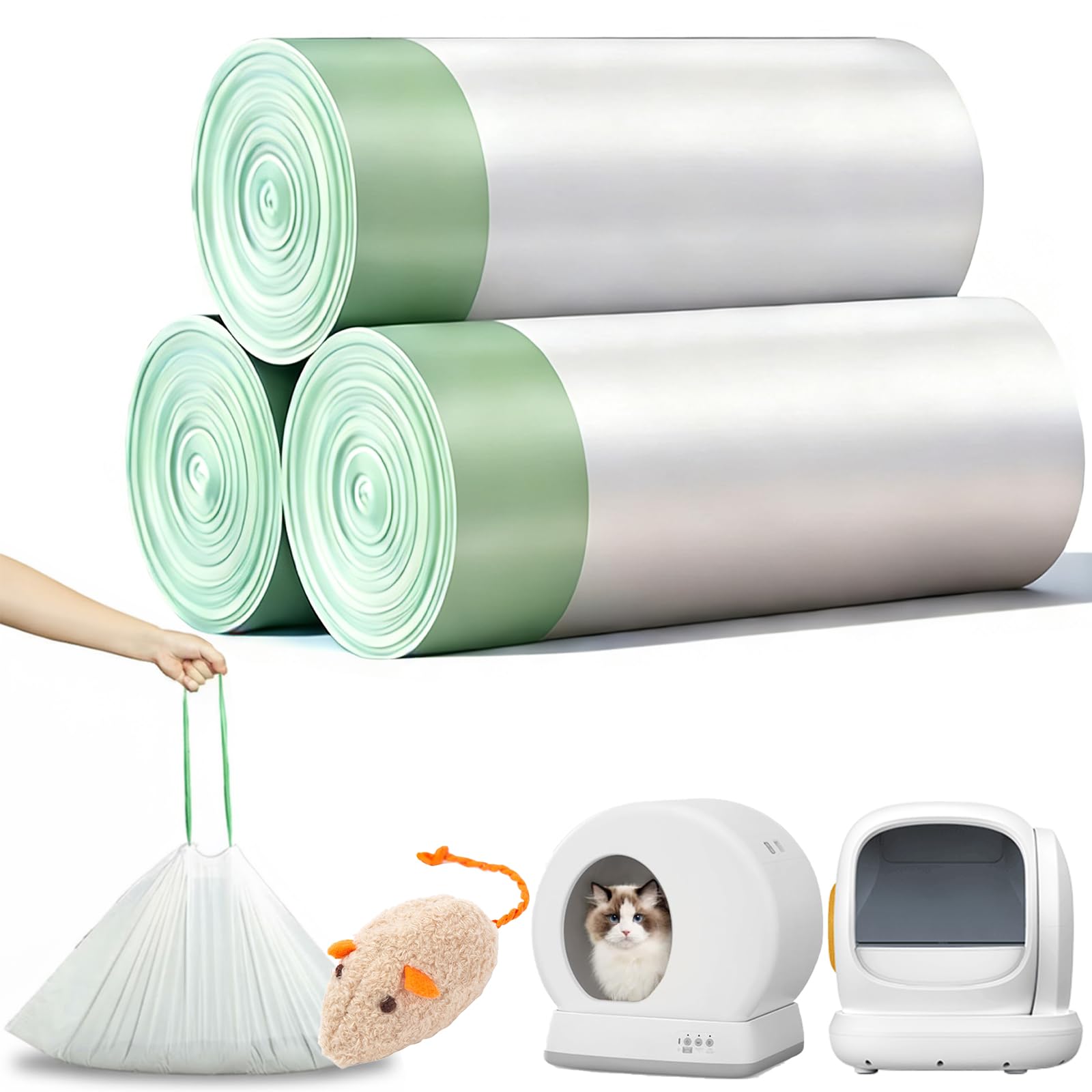 60 Count Thick Self-Cleaning Cat Litter Box Liners Bag Fit For MW-SC01/MW-SC02/MW-LR01, Drawstring Heavy Duty Pet Litter Receptacles Bags Compatible with Automatic Cat Litter Box-18" * 12"