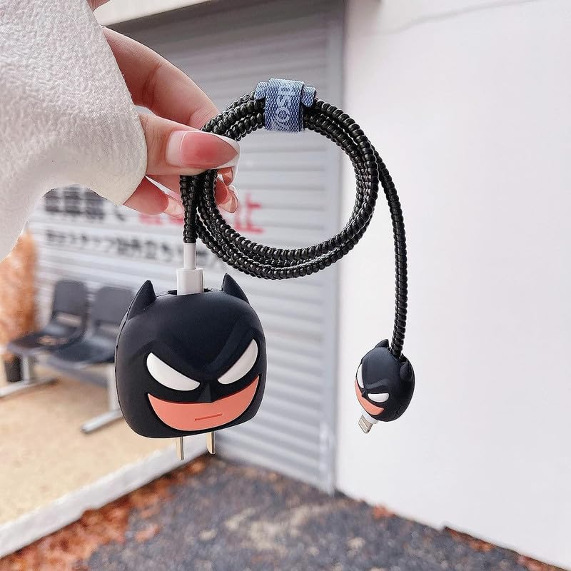 Image of DIVERTS Charger Case Cover 360 Degree Full Protection Cover Funny Cartoon Character Compatible for iPhone 18-20W Silicone Protective Charger Cover Cable Protector (Black Bat Design)