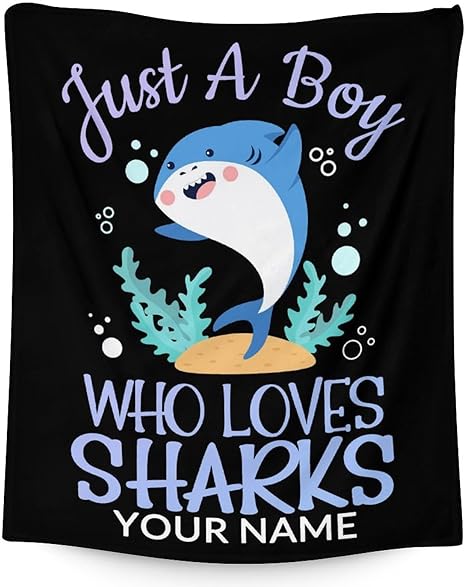 Personalized Shark Blanket Gifts with Name - 40"x50" Cute Throw Blanket for Boys - Black Soft Fuzzy Blankets for Bed, Couch & Living Room
