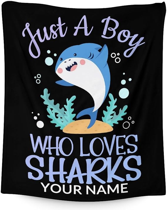Personalized Shark Blanket Gifts with Name - 40"x50" Cute Throw Blanket for Boys - Black Soft Fuzzy Blankets for Bed, Couch & Living Room