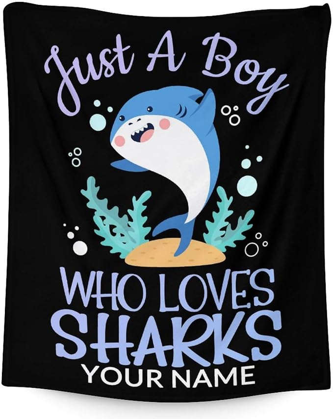 Personalized Shark Blanket Gifts with Name - 40"x50" Cute Throw Blanket for Boys - Black Soft Fuzzy Blankets for Bed, Couch & Living Room