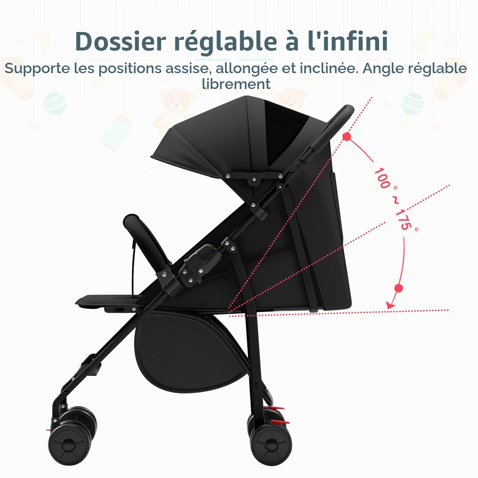 Poussette Pliable,0 à 4 Ans (15kg Max), Légère (4,8 Kg), Réglage Du Dossier Jusqu'à La Position Couchée,Un Espace de Rangement en Bas,avec Coton, Porte-Gobelet, Pare-Soleil (Noir)