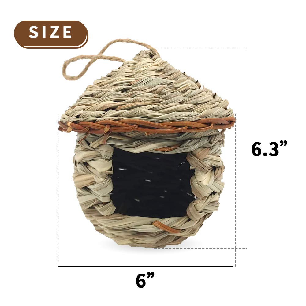 3PCS Natural Grass Houses for Hummingbird Outside Hanging Bird Hut Hand Woven Nest Large Wren Finch Bird House for Garden Window Outdoor Home Decoration (Room Shape)