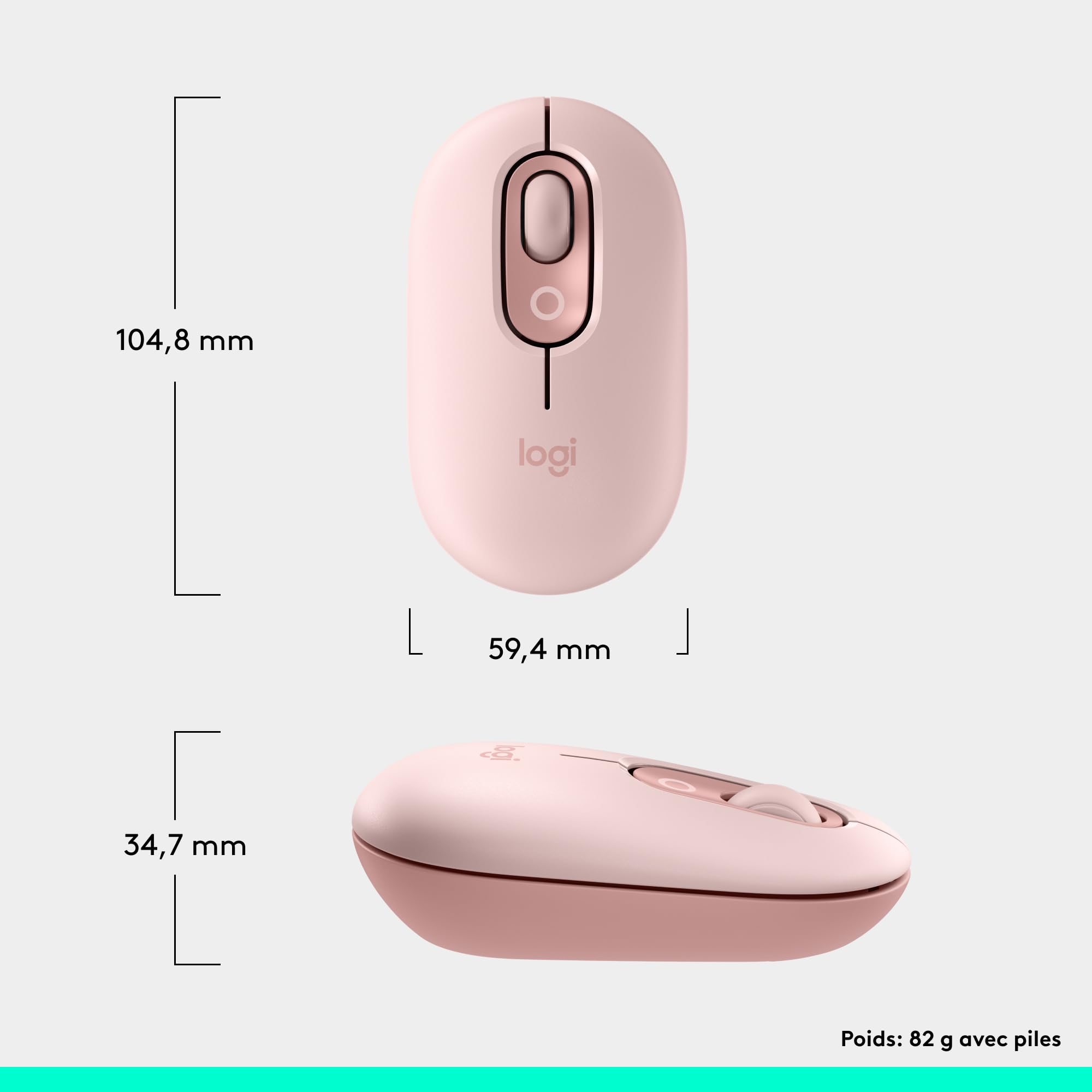 Logitech POP Mouse, souris Bluetooth sans fil compacte et portable avec boutons programmables et clics discrets, Easy-Switch entre 3 dispositifs, ordinateur portable, tablette, PC - Rose