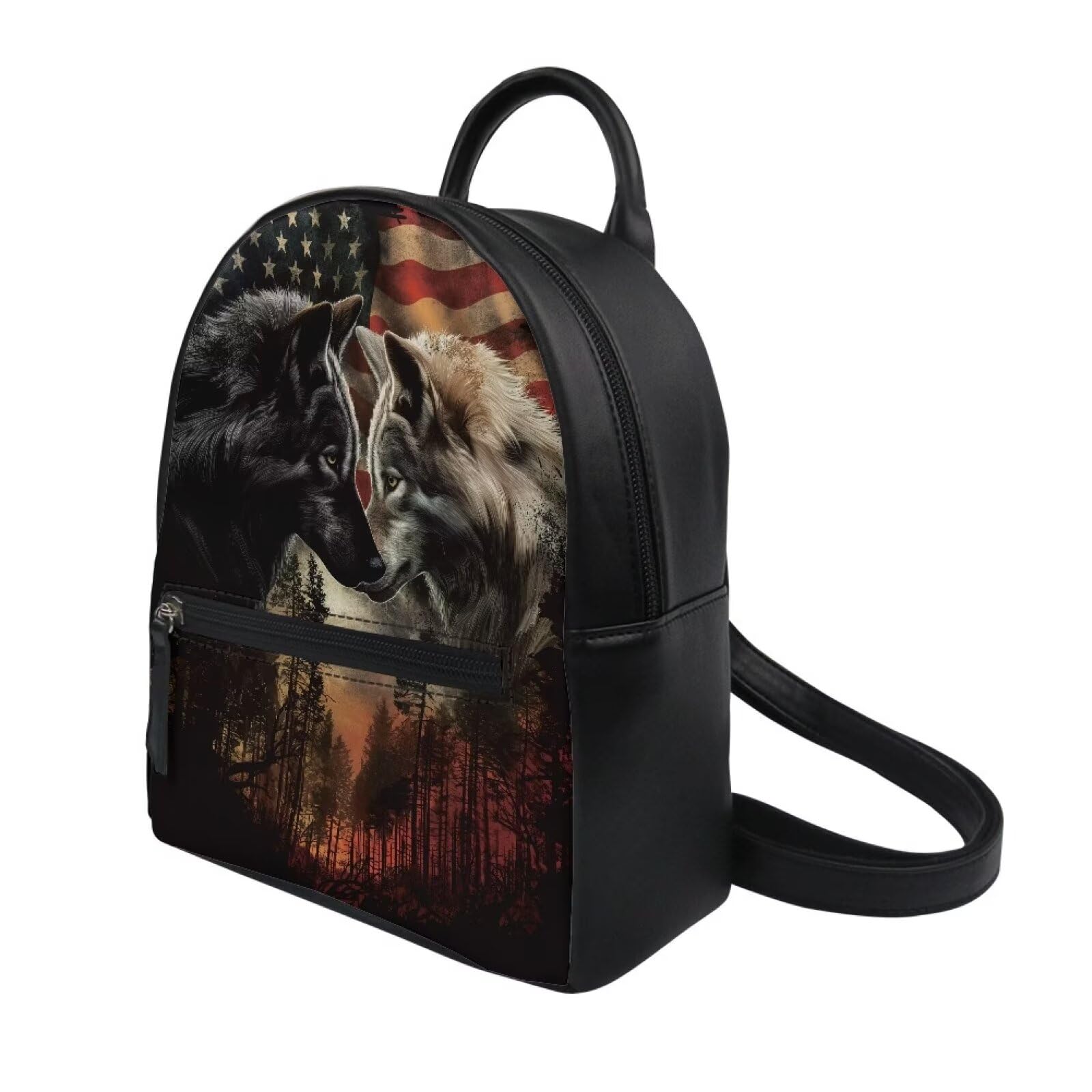 Amzbeauty Wolf USA Flag Print Adjustable Shoulder Strap Mini Backpack Soft Leather Purse For Women Small Size