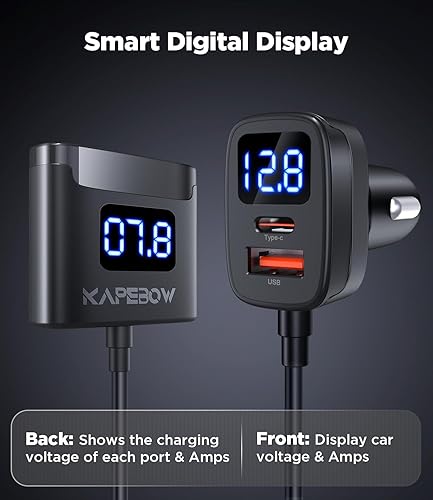 Miniatura 5 de kapebow - Cargador de coche USB C de carga rápida de 78 W, cargador de teléfono de coche de 5 puertos con pantalla de voltaje, extensión de 5 pies