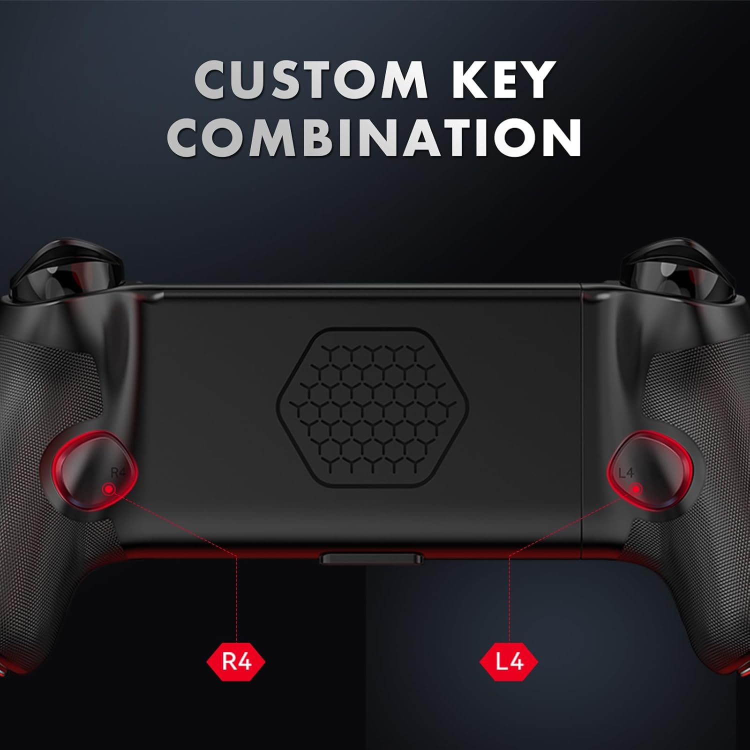 Rear view of the DongBlitz AB02 controller highlighting the L4 and R4 custom key combination buttons.