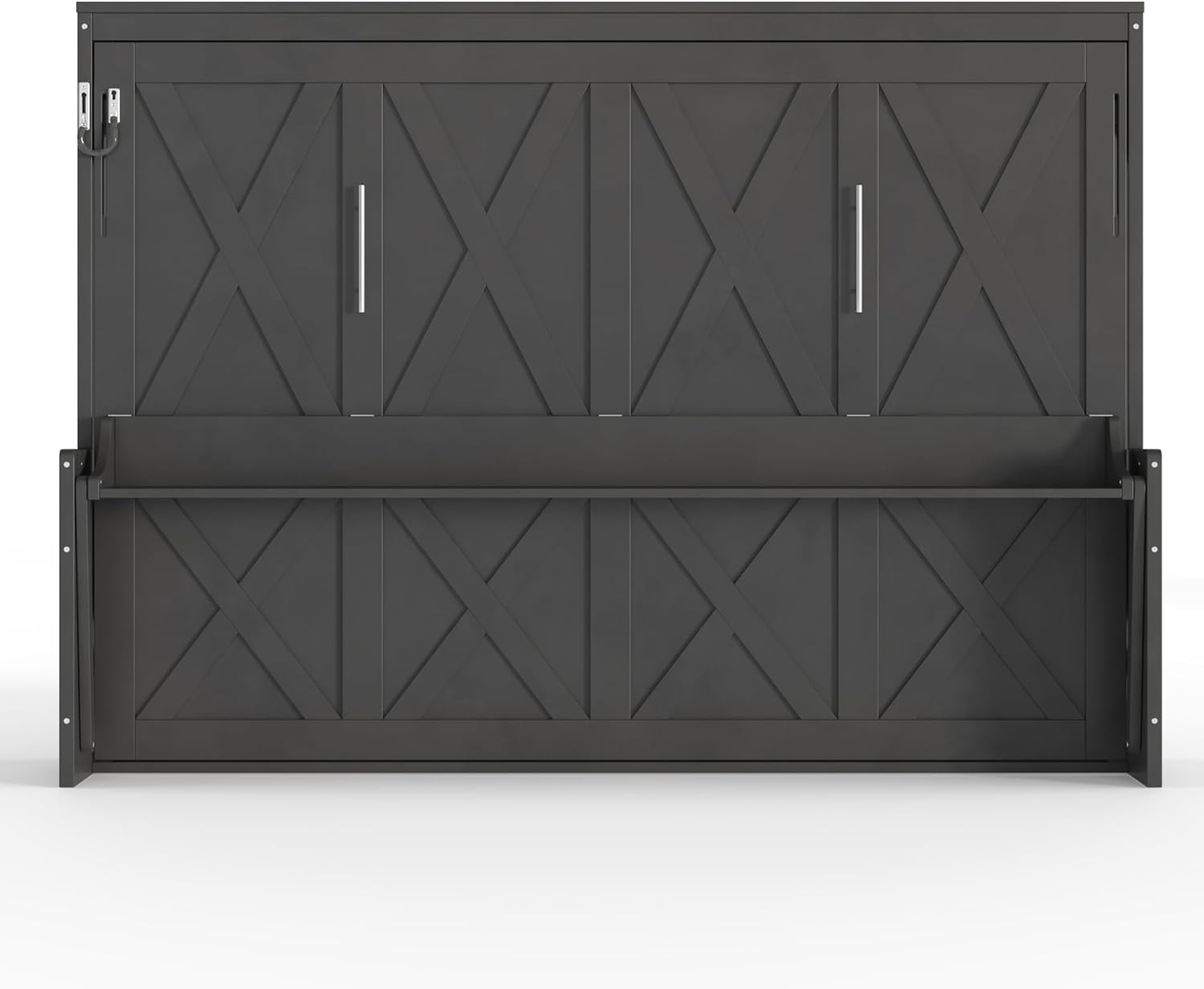 SOFTSEA Horizontal Murphy Bed Queen Size with Desk, Farmhouse Murphy Bed Cbinet with LED Lights & Charging Stations, Wood Hideaway Wall Bed Frame for Bedroom, Guest Room, Grey