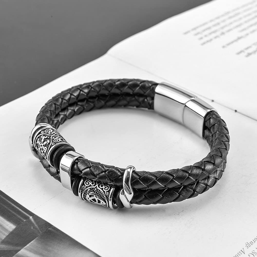 Bandmax Bracelet Homme Viking En Cuir Tressé Double Couche – Manchette Ajustable Avec Perles Acier Inoxydable & Boussole, Idéal Cadeau Pour Papa, Frère Ou Petit Ami