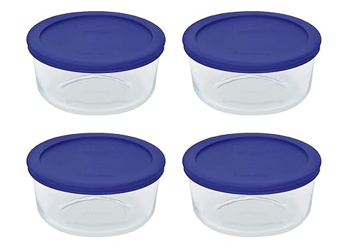 Pyrex Bandeja redonda de almacenamiento de 4 tazas, transparente con tapa azul, original Pyrex original, paquete de 4 recipientes