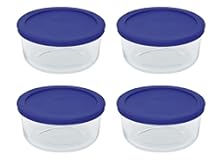 Storage 4 Cup Round Dish&comma; Clear with Blue Lid - Original Genuine Pyrex - Pack of 4 Containers