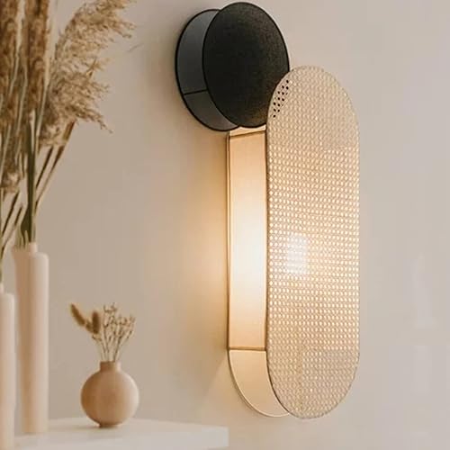 Lámpara moderna de montaje en pared, lámpara de pared de ratán simple japonés, lámpara de pared de bambú para entrada de balcón, luz de pared retro,
