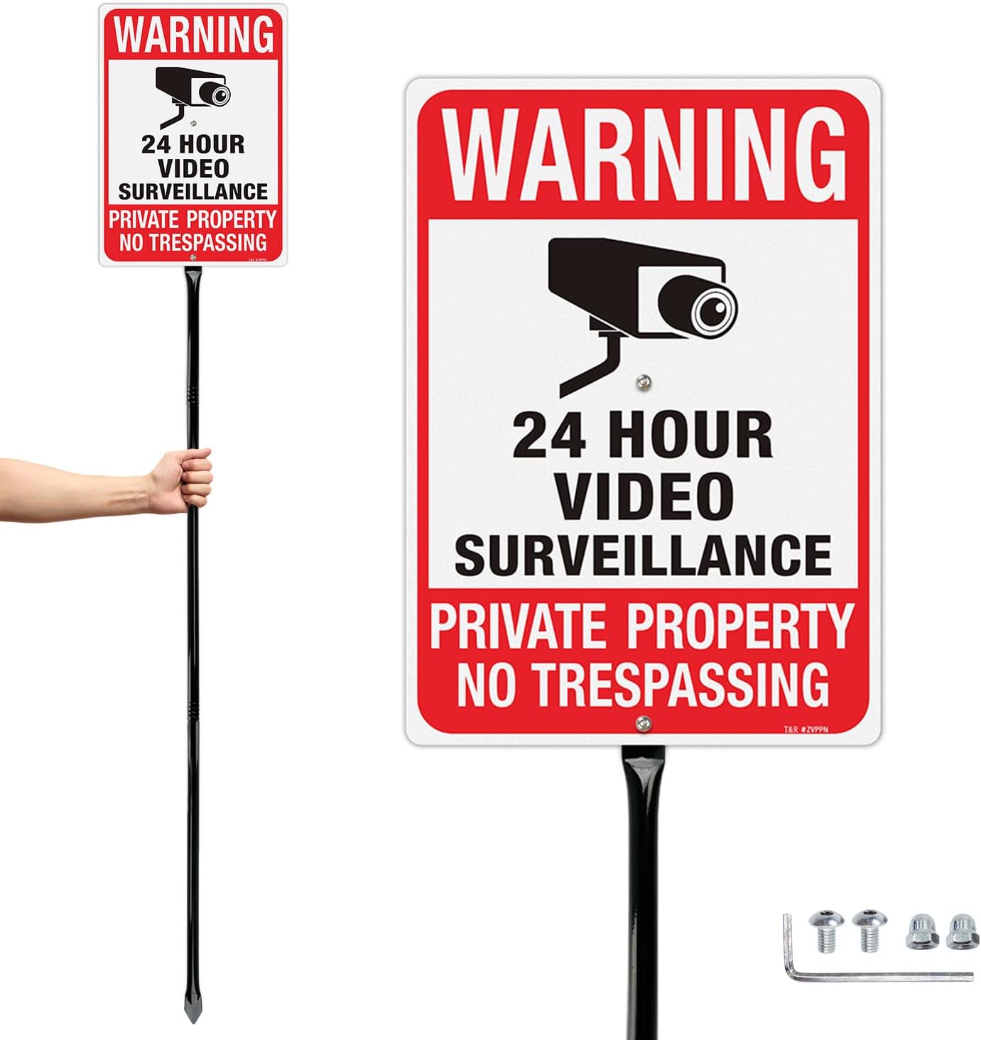 T&R Large Video Surveillance Signs with 54" Stake, Private Property No Trespassing - 2 Pack - 14"x10" .040 Rust Free Aluminum, Reflective, Waterproof and Fade Resistant, 2 pre-drilled holes, Includes Matching Screws & Wrench, Easy to Mount