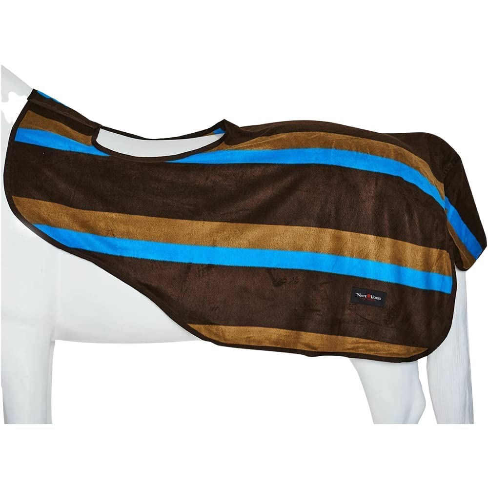 Horse Master Striped Fleece Exercise Sheet - Equestrian Lightweight Stable Rugs with Tail Flap Breathable Walker Blanket for Competition Riding Outdoor Yards Fields, Blue/Brown