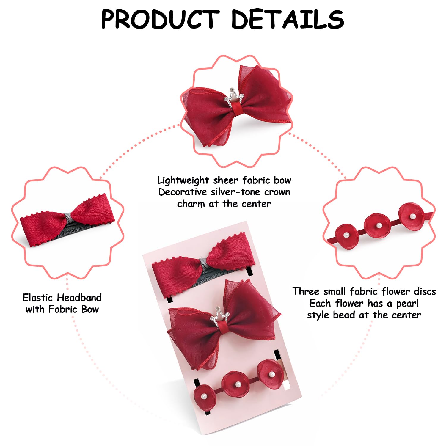 SYGA 3 Pack Baby Girl Headbands β Soft Stretchable Satin Bow & Pearl Flower Hairbands, Elegant Elastic Headband for Newborns, Infants & Toddlers for 0-3 Years (Red, Style 1050) 3