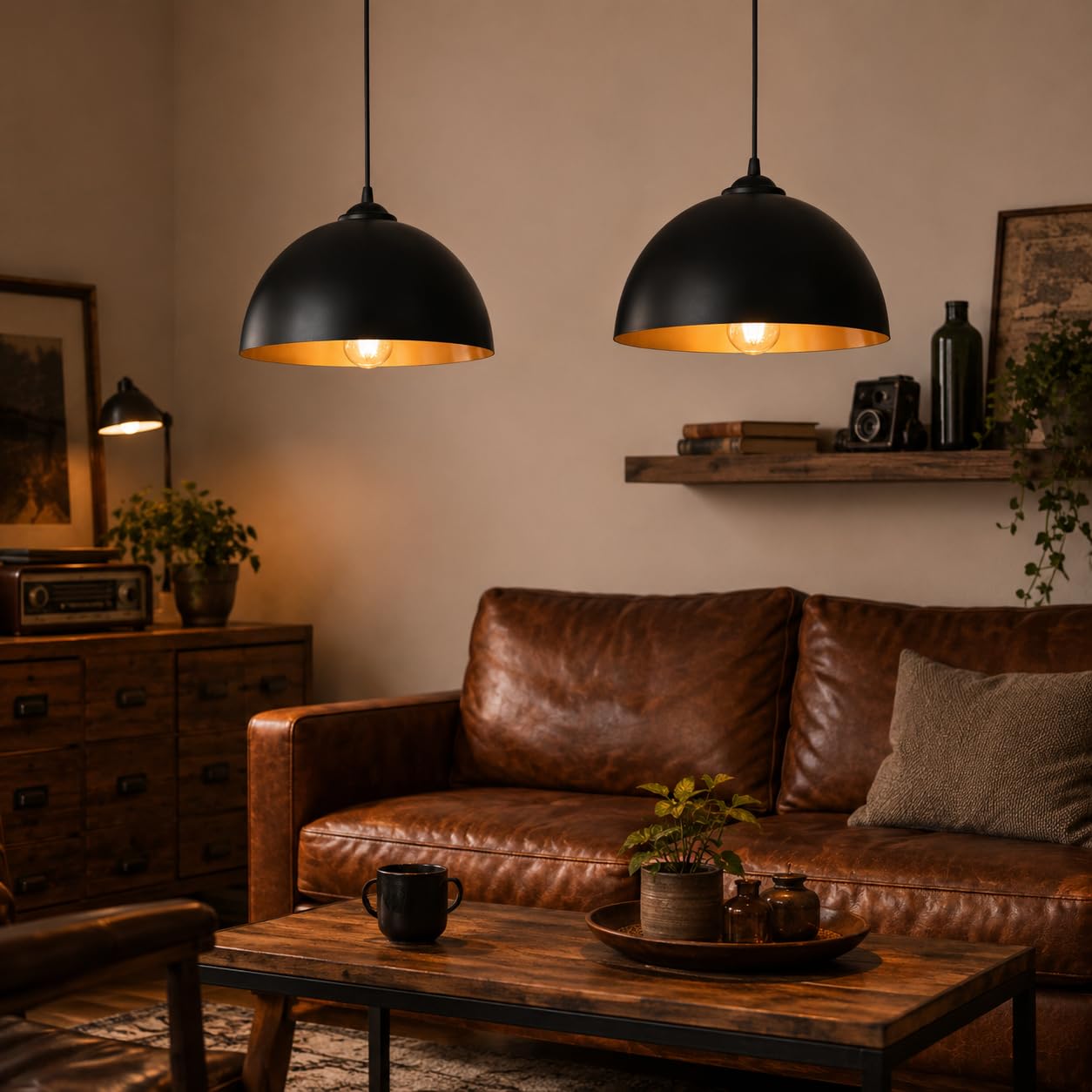 Set di 4 lampade a sospensione in metallo nero e oro, vintage, E27, diametro 30 cm, lampada a sospensione con cavo regolabile, lampada per tavolo da pranzo, cucina, soggiorno, sala da pranzo