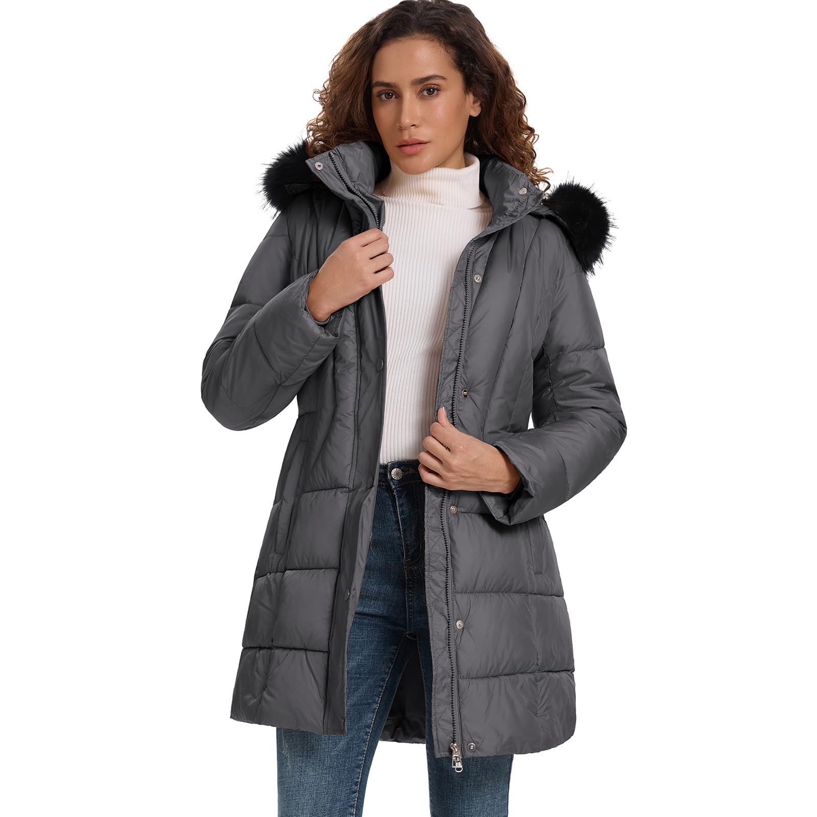 HOTIAN Women's Winter Puffer Down Coat Long Thickened Padded Parka Warm Jacket with Faux Fur Detachable Hooded