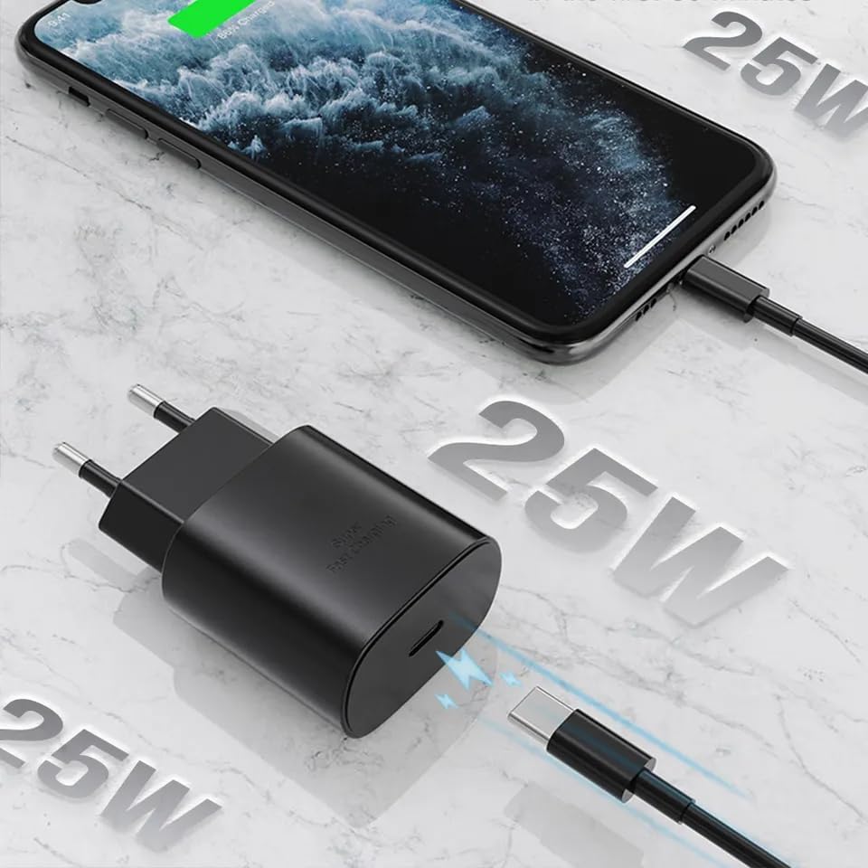 Image of 25W Original Type C Adapter Superfast Charging Compatible with Samsung S25 /S20 FE /S20+ /S21 /S21+ /S21 FE /S21 Ultra /S22 /S23 /M14 5G /M15 /M32 /M33 5G /M34 /A05 /A15 /A35 /A54 /F14-White
