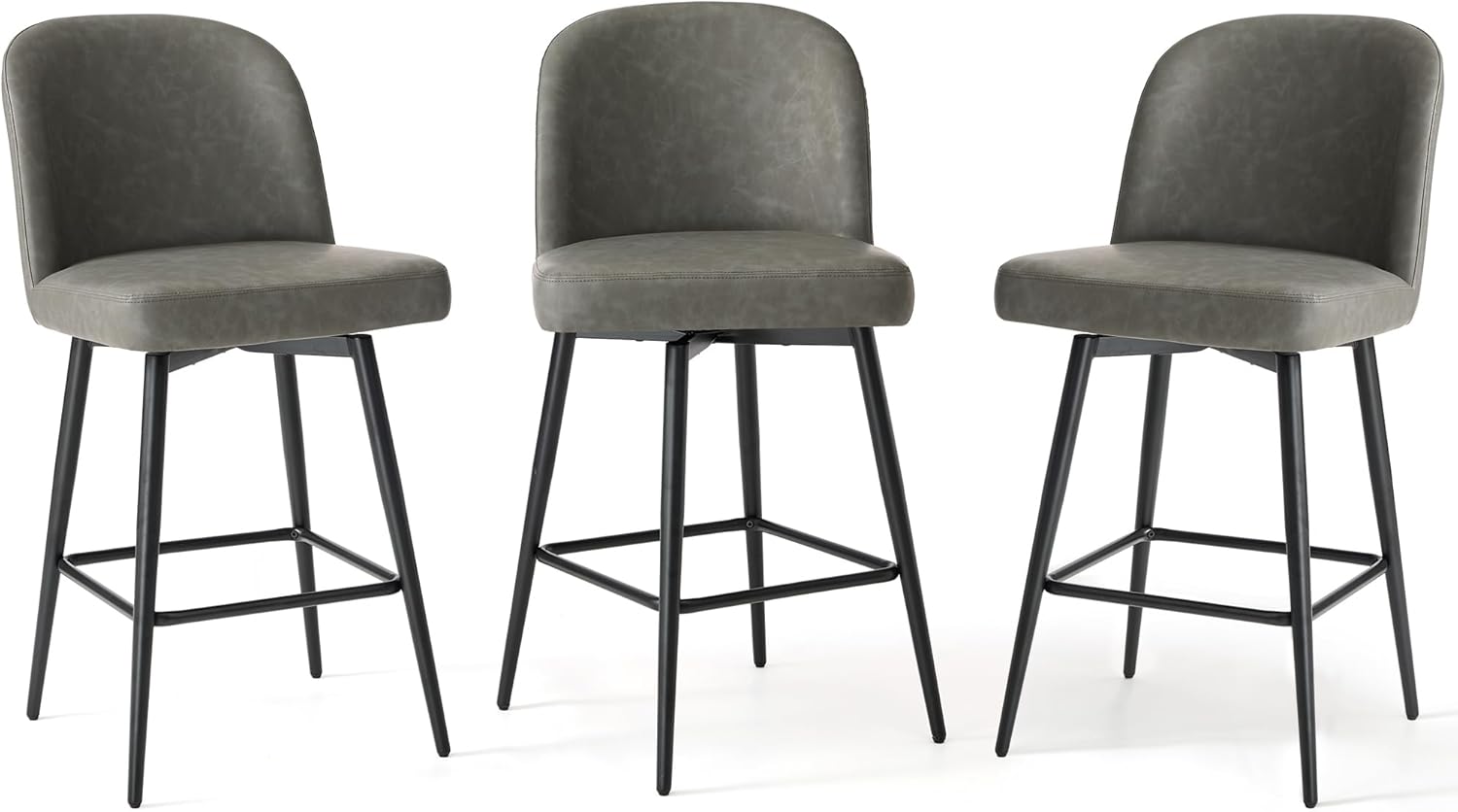 Counter Height Bar Stools Set of 2, 26.9" H Seat Height Swivel Upholestered Barstools with Back and Metal Legs for Kitchen Island, Faux Leather in Retro Grey