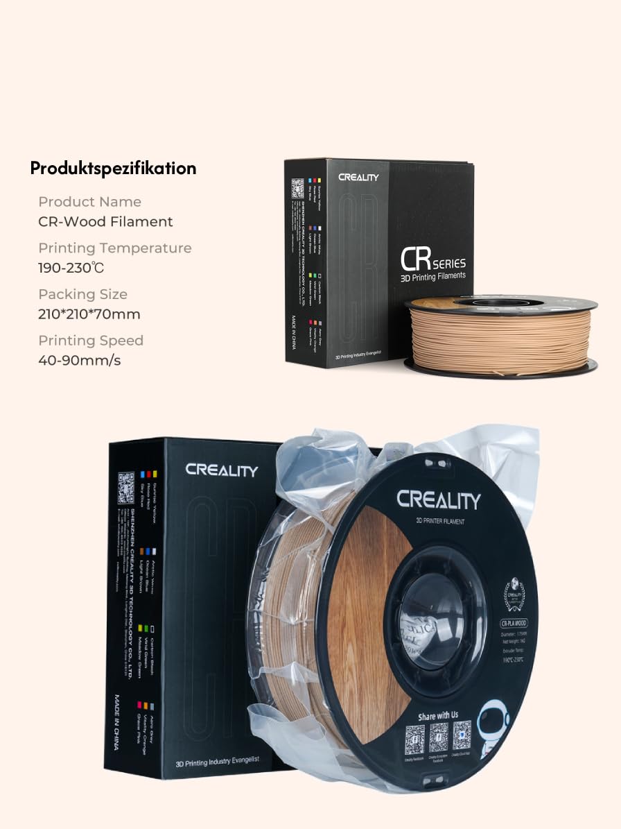 Creality Holzfilament 1,75mm, CR PLA mit natürlicher Holztextur - 1kg Spule, matte Oberfläche - Maßgenau ±0,02mm