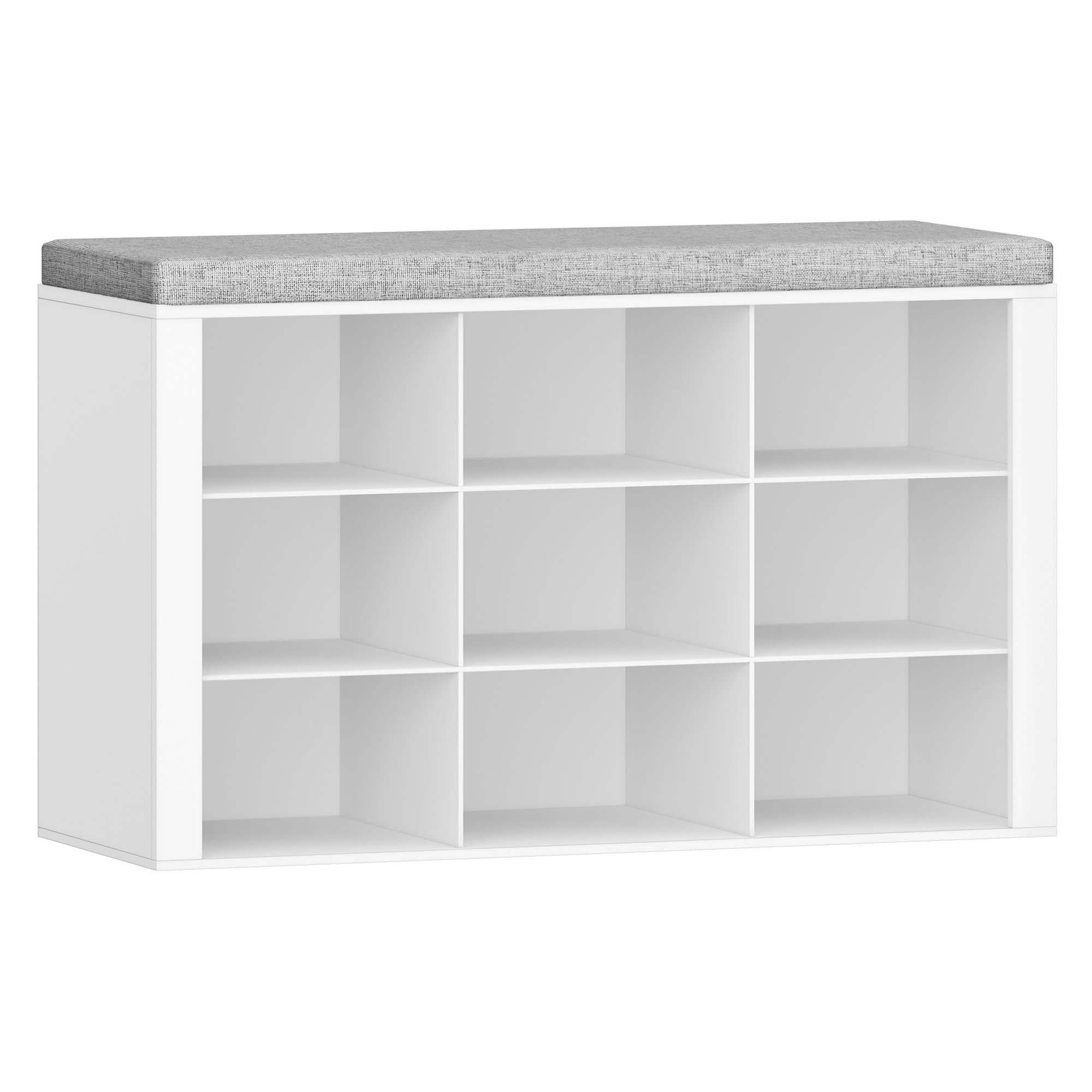 Hzuaneri Shoe Storage Bench with Padded Seat, Shoe Rack Bench with 9 Open Compartments, Adjustable Shelves, Shoes Cabinet with Cushion for Hallway, Living Room, Bedroom, White, SB15903GY