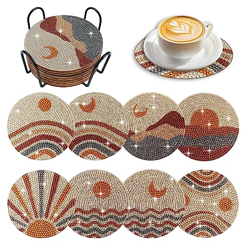 Image of 8 Pcs Boho Diamond Painting Coasters Kit with Holder, Abstract Moon Wooden Diamond Art Non-Slip Coasters for Beginners & Adults Dining Decor Art Crafts