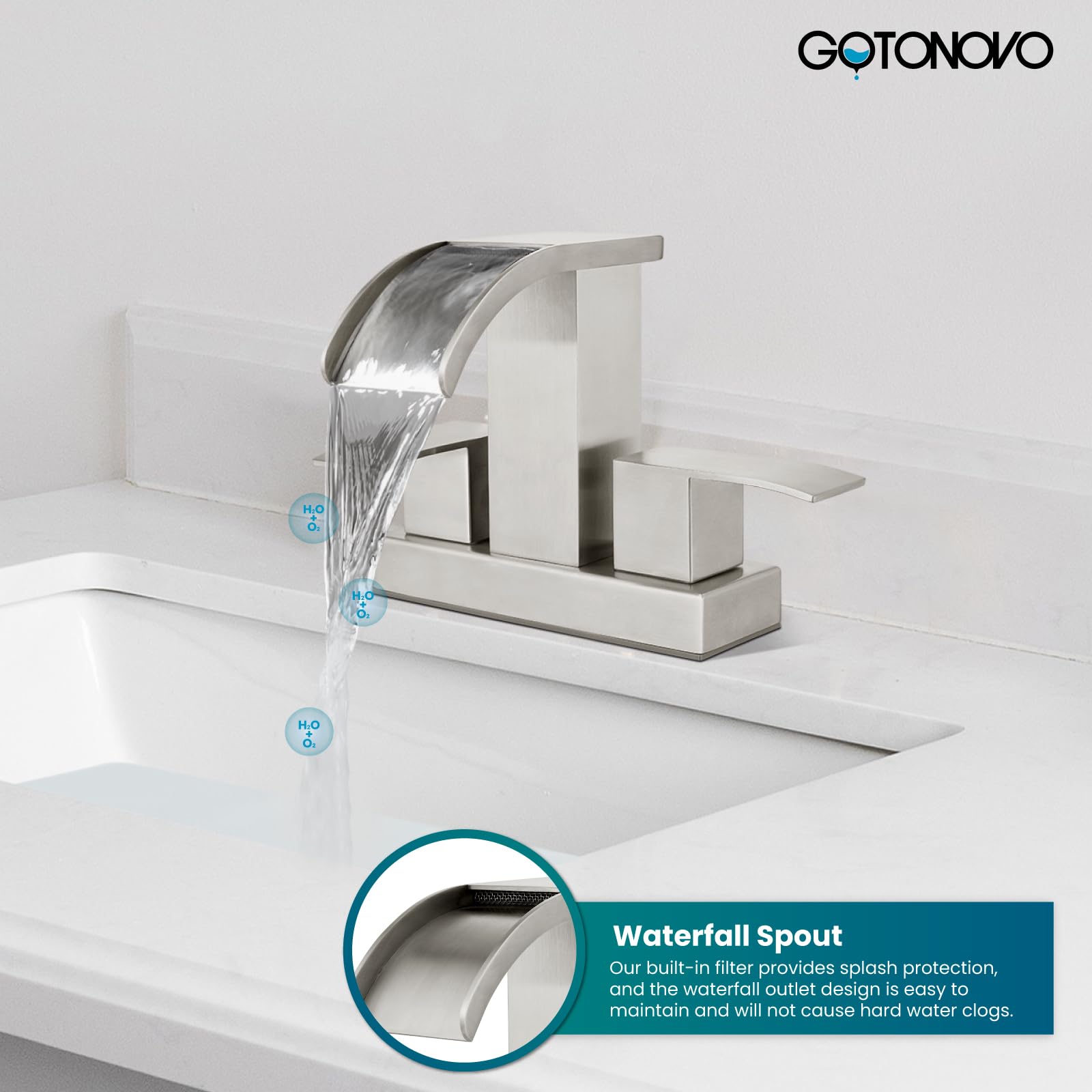 Waterfall - Grifo de lavabo de baño de 4 pulgadas, 2 manijas, 2 o 3 agujeros, montaje en cubierta con drenaje desplegable incluido grifo mezclador moderno de níquel cepillado 4