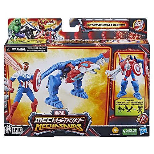 Marvel Mech Strike Mechasaurs, 4-Inch Captain America with Redwing Mechasaur Action Figures, Super Hero Toys for Kids Ages 4 and Up - image 2