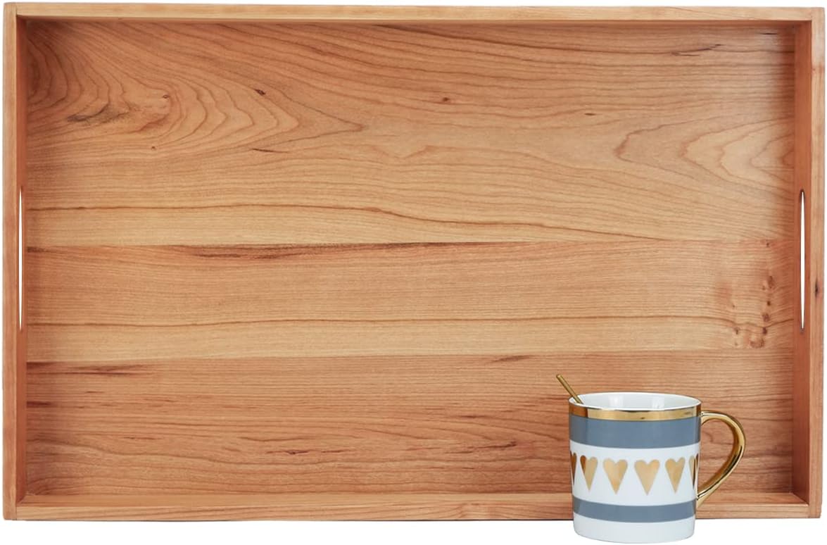 MAGIGO 22 x 14 Inches Large Rectangle Cherry Wood Ottoman Tray with Handles, Serve Tea, Coffee or Breakfast in Bed, Classic Wooden Decorative Serving Tray