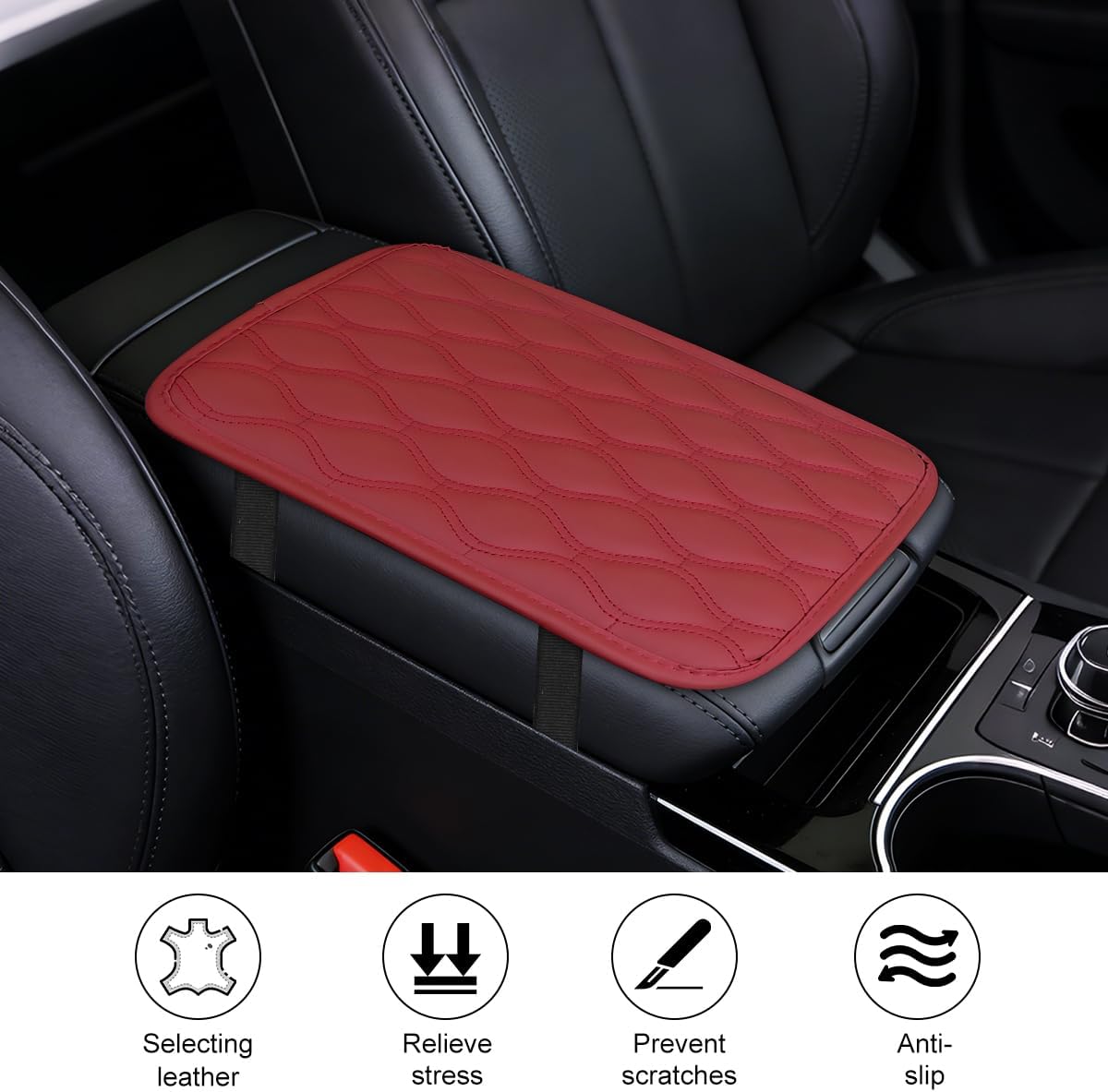 Car Center Console Cover, Non-Slip Comfortable Vehicle Armrest Storage Box Protector Pad, Auto Interior Armrest Lid Cushion, Universal for SUV Automobile Truck (Wine Red)