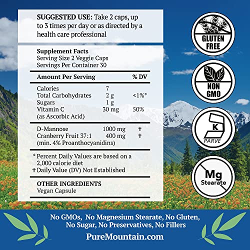 Pure Mountain Botanicals Cranberry D Mannose Capsules - 60 Kosher Vegan Caps - 1000Mg D Mannose With Cranberry Concentrate Plus Vitamin C #TOP1