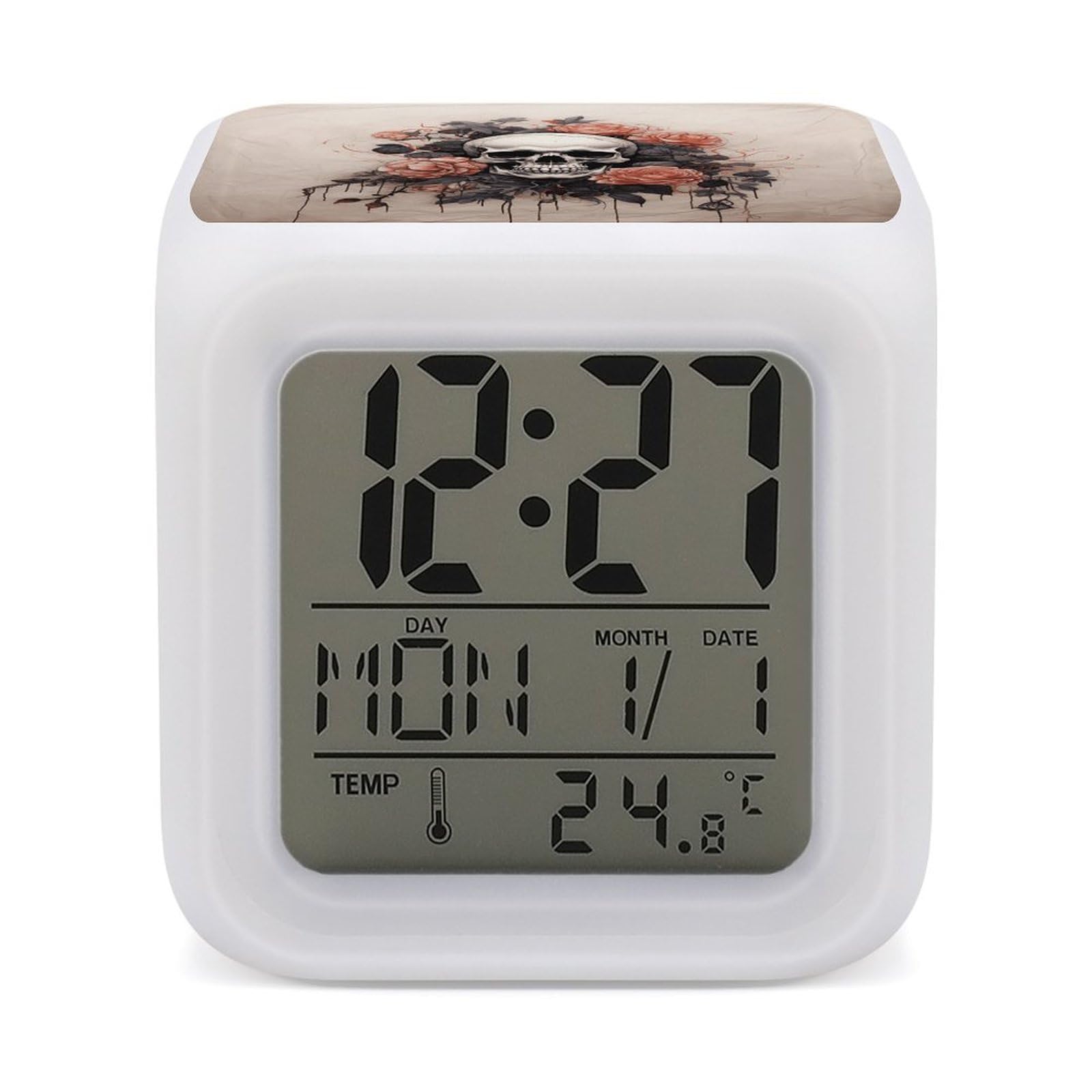 VstaDank Ancient Skull and Flowers Alarm Clock for Bedrooms Small Clocks with 7 Color Night Light Desk Clock with Large Numbers Loud Wake Up Timer Ideal for Gift & Room Decor