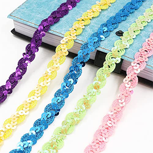 5 Meters 1.5cm Sparkly Sequins Fabric Trim Elastic Sequin Ribbon Trim Bling Stretch Trim Glitter Mesh Shiny Sewing Paillette Ribbon Lace Band for Halloween Mermaid Dress Headband Costume (C-Pink) - Image 3