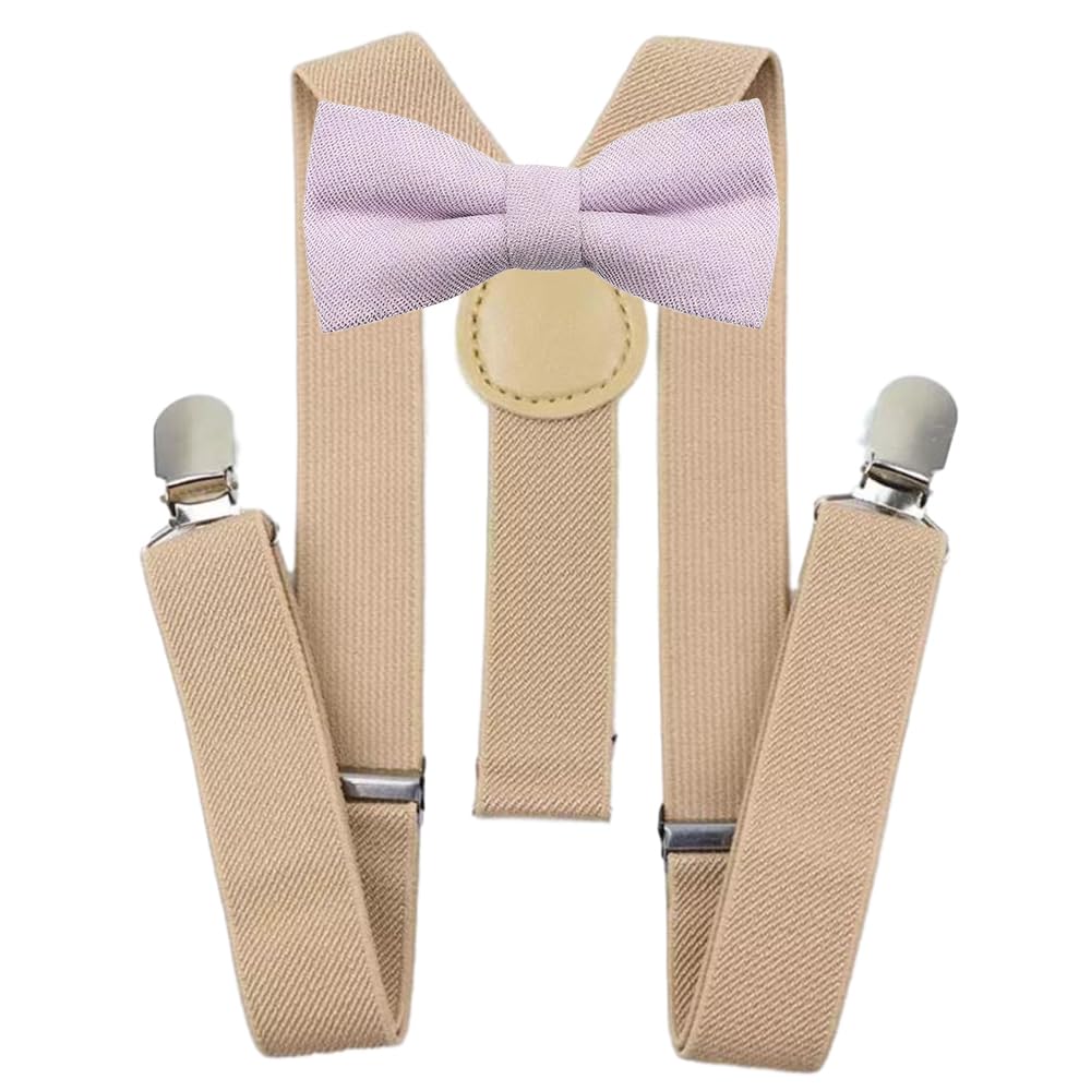 Children's Kids Boys Cotton Blend Pre-Tied and Elasticated Bow Tie & Cream Braces Set (Soft Purple) - suitable for formalwear, weddings, parties, pageboy outfits