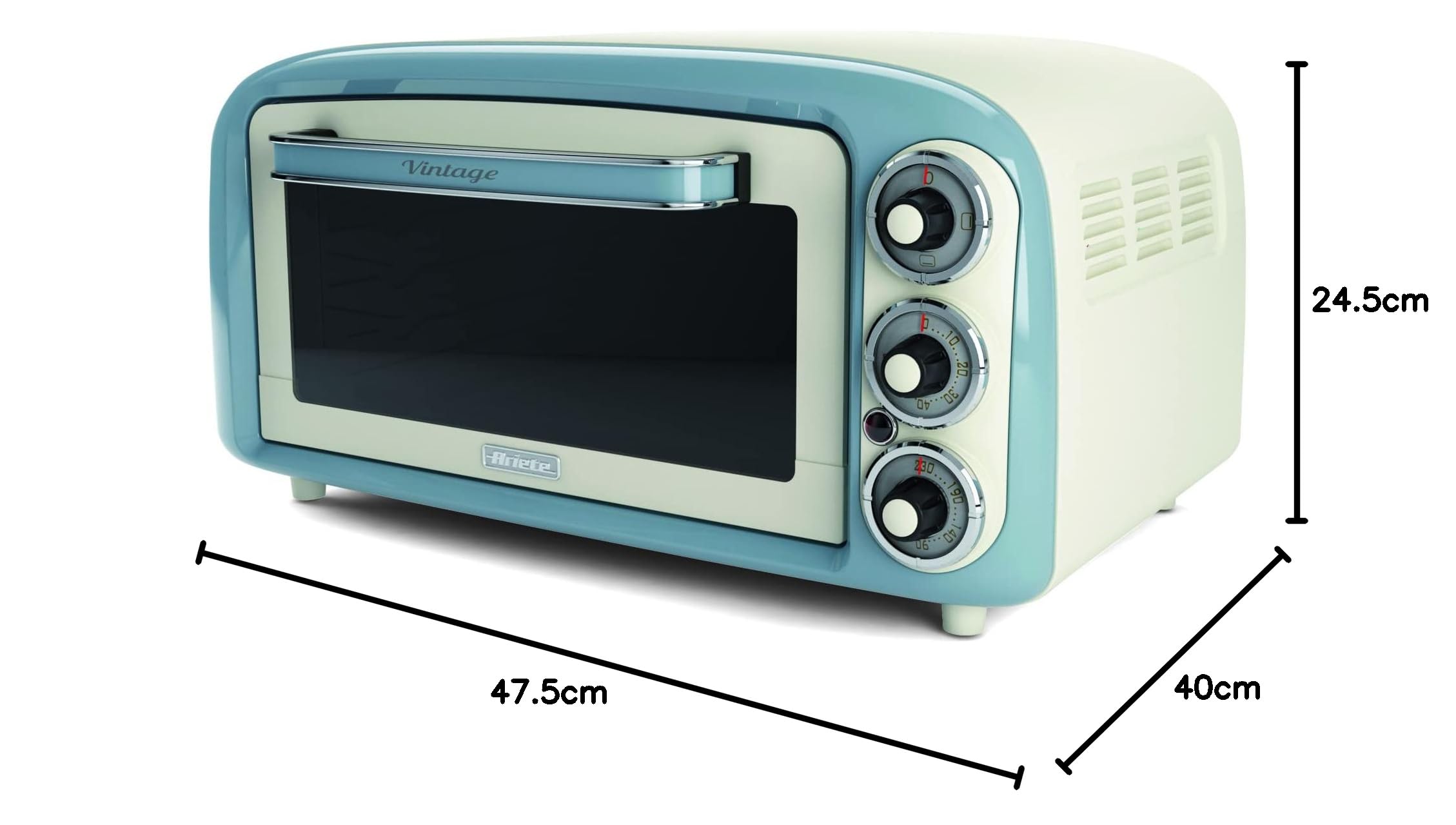 Ariete Vintage 979 Four Électrique avec 3 Positions de Cuisson, Fond Arrondi pour Pizza de 30 cm, Température Maximale de 230°C, Minuterie, Grille en Acier Inoxydable, 1300W, Bleu Ciel