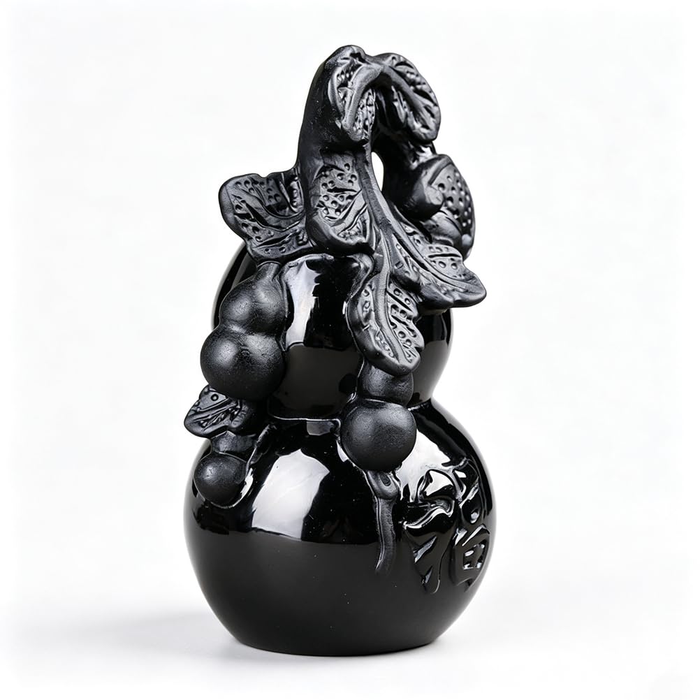 Naturalna obsydianowa figurka Fu tykwa – chińska ozdoba tykwa Feng Shui | Ochronna statua z czarnego obsydianu z postacią Fu, pomyślna dekoracja i prezent na szafce nocnej w sypialni, ok.