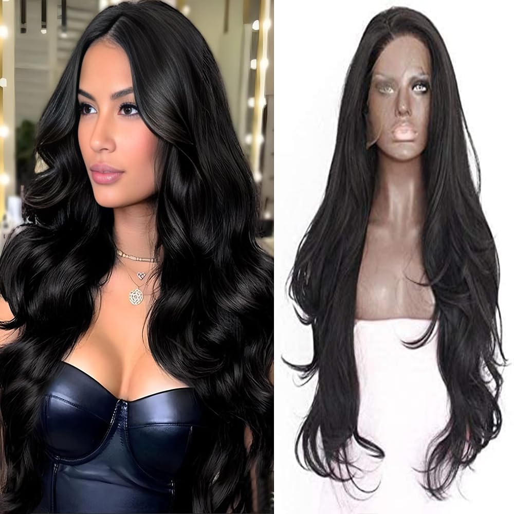 xiweiya Long wig Hair for women Lace Front Wig Natural Hairline Brown Synthetic Lace Front Wigs For Women Mermaid Haircut Heat Resistant Wig Makeup Girl Hairstyle High Density 24 inch (Black)