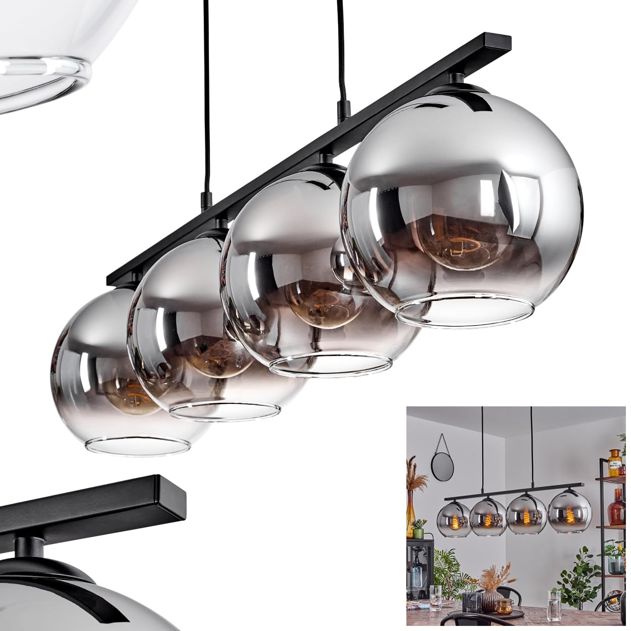Pendelleuchte Koyoto, Hängelampe aus Metall/Glas in Schwarz/Chromfarben/Klar, Hängeleuchte im Retro/Vintage-Design mit Glasschirmen (Ø 20 cm), 4-flammig, Höhe max. 116,5 cm, 4 x E27, ohne Leuchtmittel